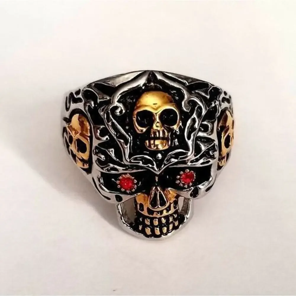 Men’s 316L stainless steel‎ biker skull silver gold ring hypoallergenic size 11